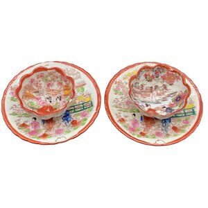 Vtg 1920s Geisha Painted Egg Shell Porcelain Set of 2 Foot Bowls & Saucers Japan